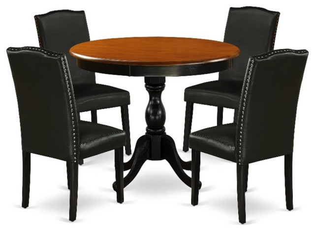 AMEN5-BCH-69 - Dining Table and 4 Black PU Leather Dining Chairs - Black Finish