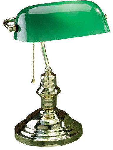 Banker Desk Lamp, Polished Brass/Green Glass