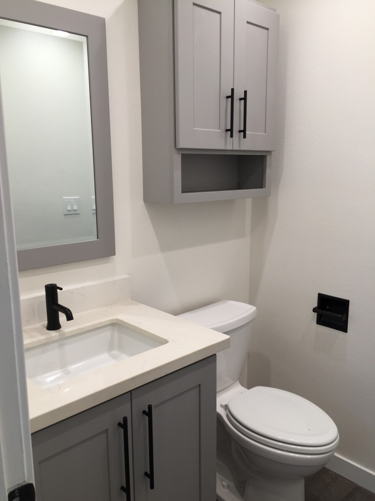 Design ideas for a small contemporary master bathroom in Orange County with shaker cabinets, grey cabinets, a two-piece toilet, an undermount sink, engineered quartz benchtops, white benchtops, a single vanity and a built-in vanity.