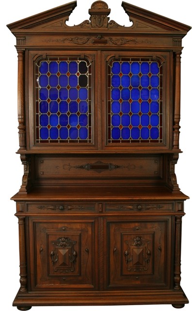 Consigned Large Antique French Buffet  1900  Henry II  Cobalt Blue Stained