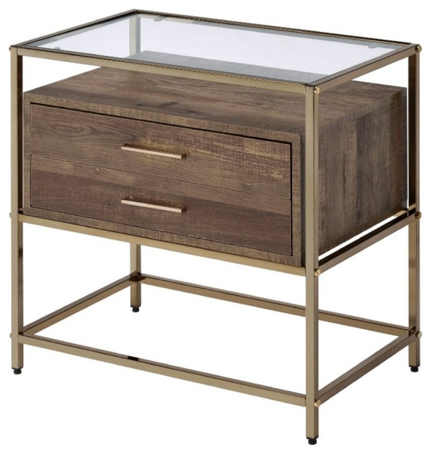 Accent Table with 2 Drawers and Metal Frame Glass Top Brown and Gold