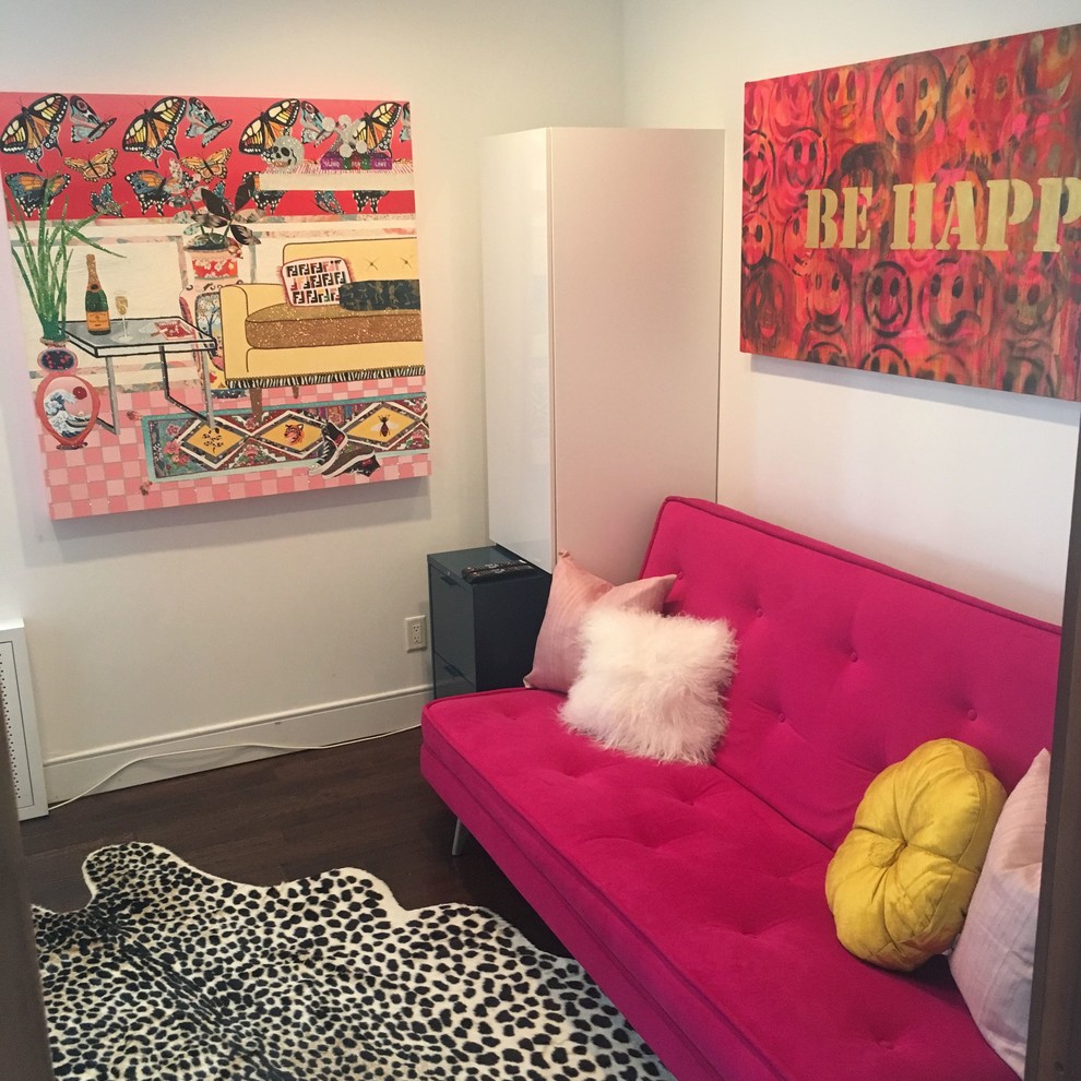 Living room - mid-sized eclectic dark wood floor and brown floor living room idea in New York with white walls