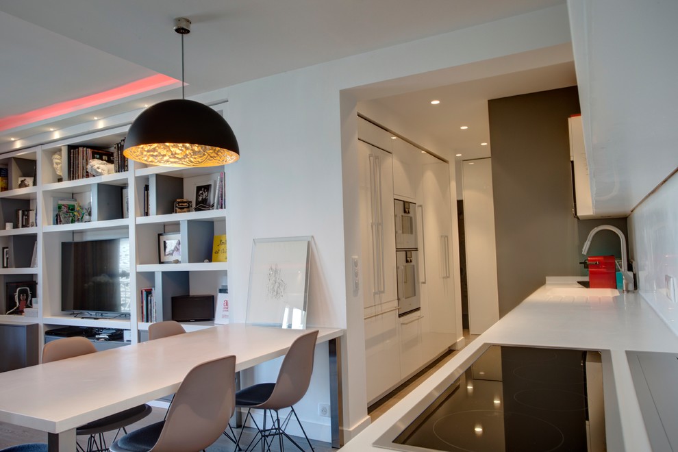 Inspiration for a mid-sized contemporary galley open plan kitchen in Paris with an integrated sink, beaded inset cabinets, white cabinets, white splashback, stainless steel appliances, dark hardwood floors, no island and grey floor.