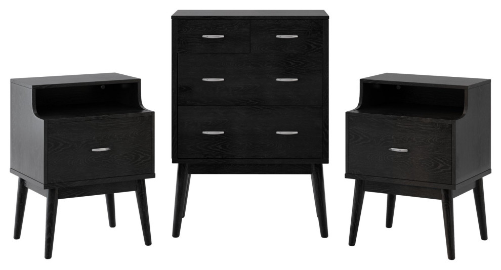Unique 3 Pieces Dresser & 2 Nightstand Set, Rubberwood Frame