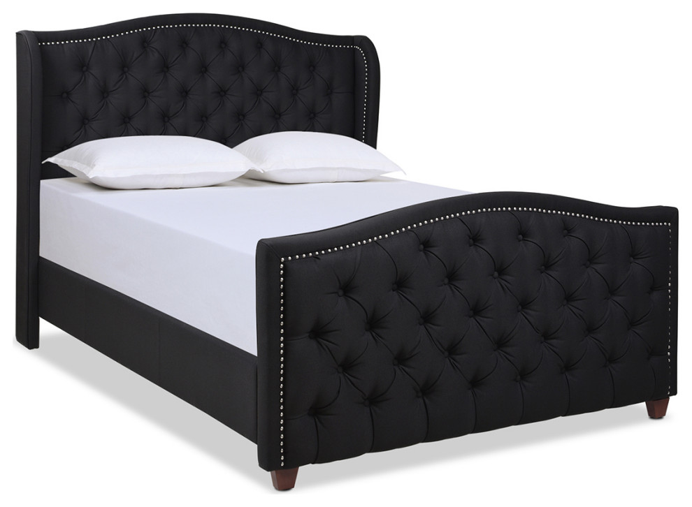 Marcella Upholstered Tufted Shelter Wingback Panel Bed, Jet Black Polyester, Queen
