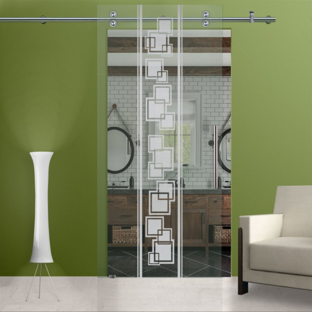 Sliding Glass Barn Door With Frosted Designs 2000, 48"x81", Recessed Grip