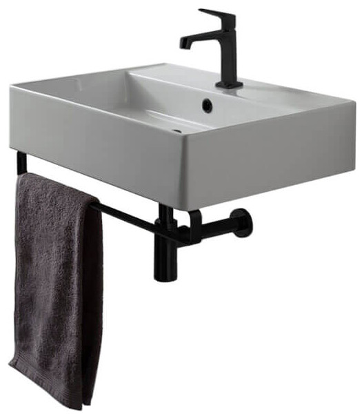 Rectangular Wall Mounted Ceramic Sink With Matte Black Towel Bar