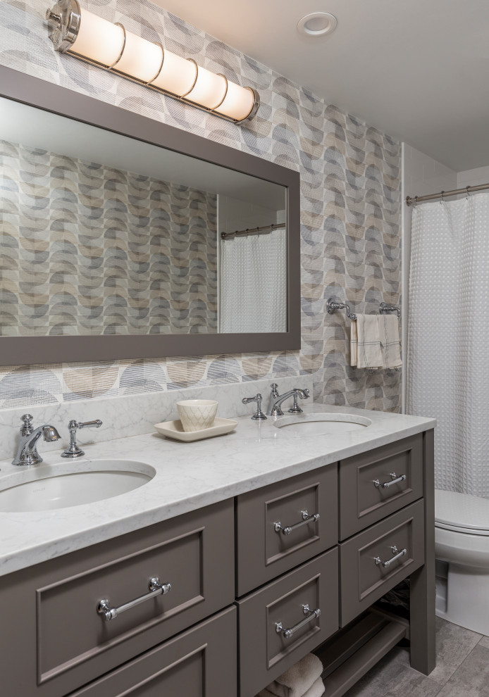 Design ideas for a mid-sized midcentury kids bathroom in Providence with shaker cabinets, grey cabinets, laminate floors, an undermount sink, engineered quartz benchtops, grey floor, white benchtops, a double vanity, a freestanding vanity and wallpaper.