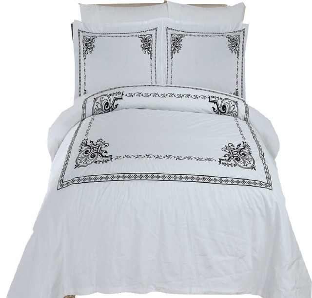 Athena Embroidered 100 Cotton Duvet Cover Set Traditional Athena Embroidered 100 Cotton Duvet Cover Set White And Black Full Queen
