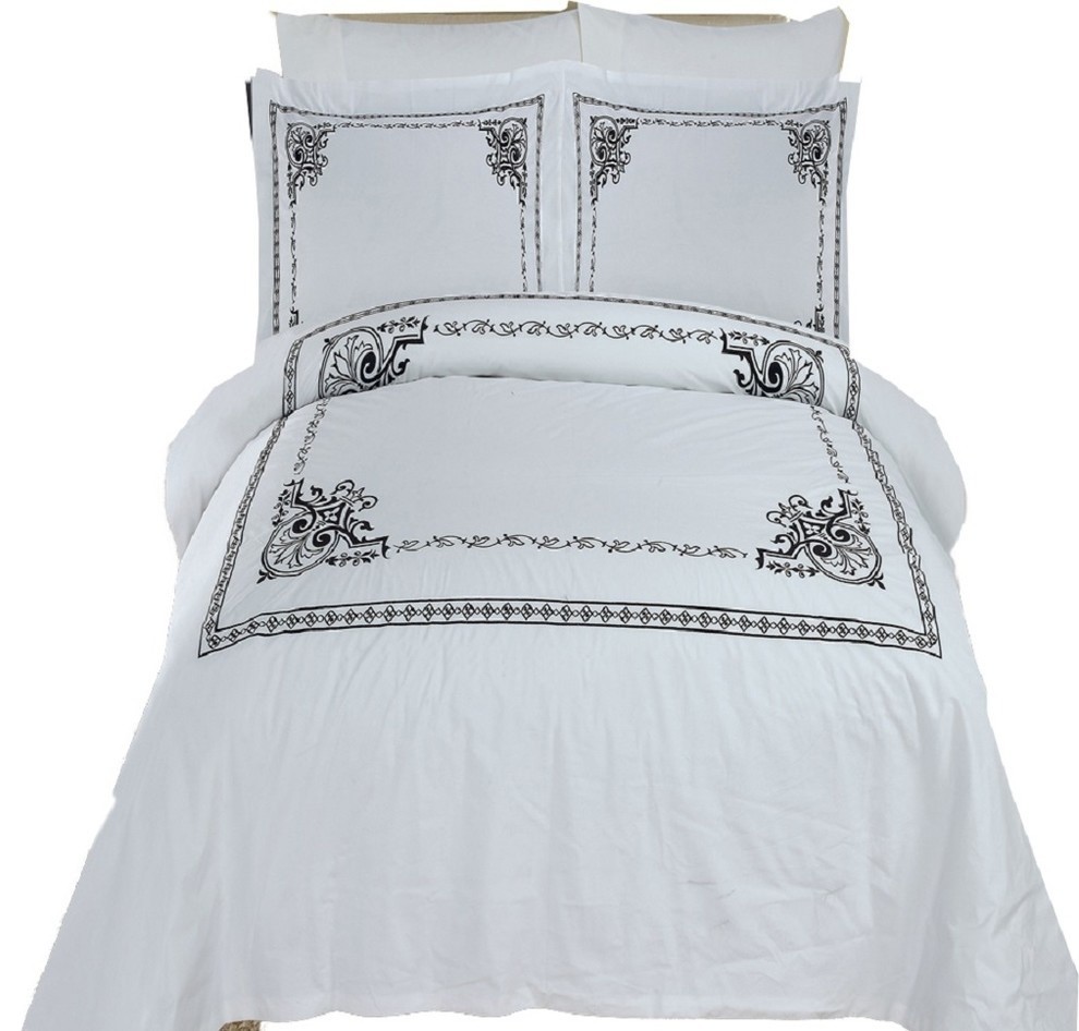 Athena Embroidered 100% Cotton Duvet Cover Set, White and Black, Full/Queen