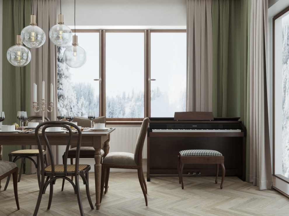 Кухня и гостиная комната из проекта загородного доиа в г.Тюмень