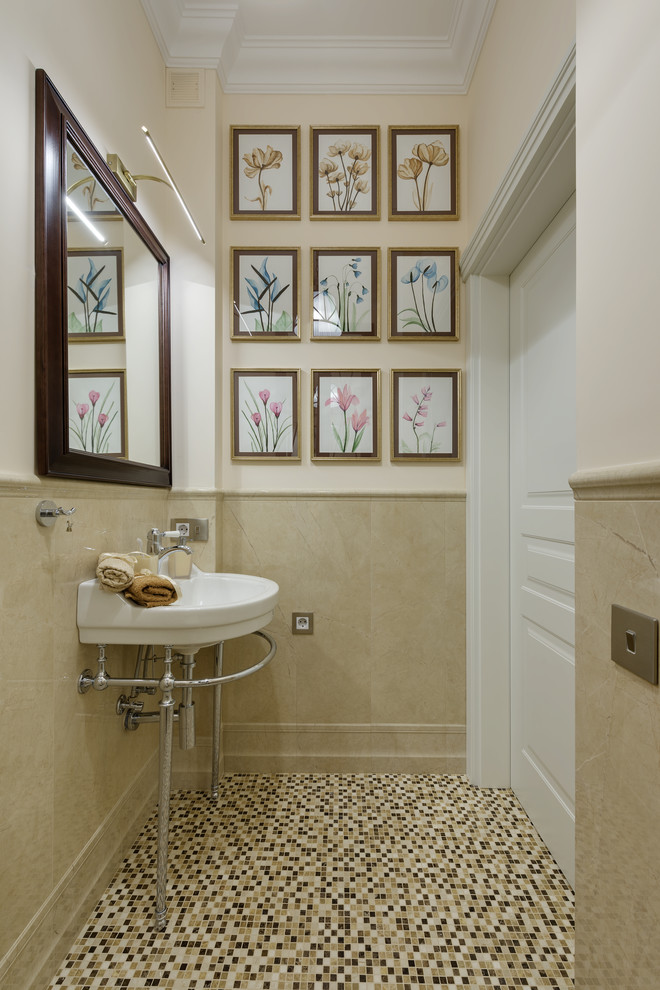 Design ideas for a traditional powder room in Other with beige walls, mosaic tile floors, a console sink and beige floor.