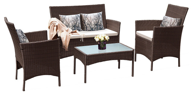 Costway 4 PC Patio Rattan Wicker Chair Sofa Table Set Outdoor Garden Furniture