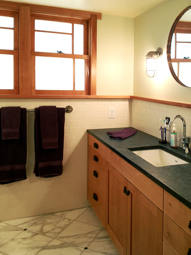 Mid-sized arts and crafts kids bathroom in San Francisco with shaker cabinets and medium wood cabinets.