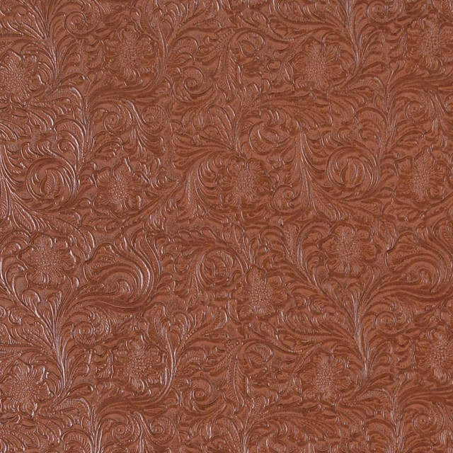 Clay Brown Tooled Floral Designed Upholstery Faux Leather By The Yard
