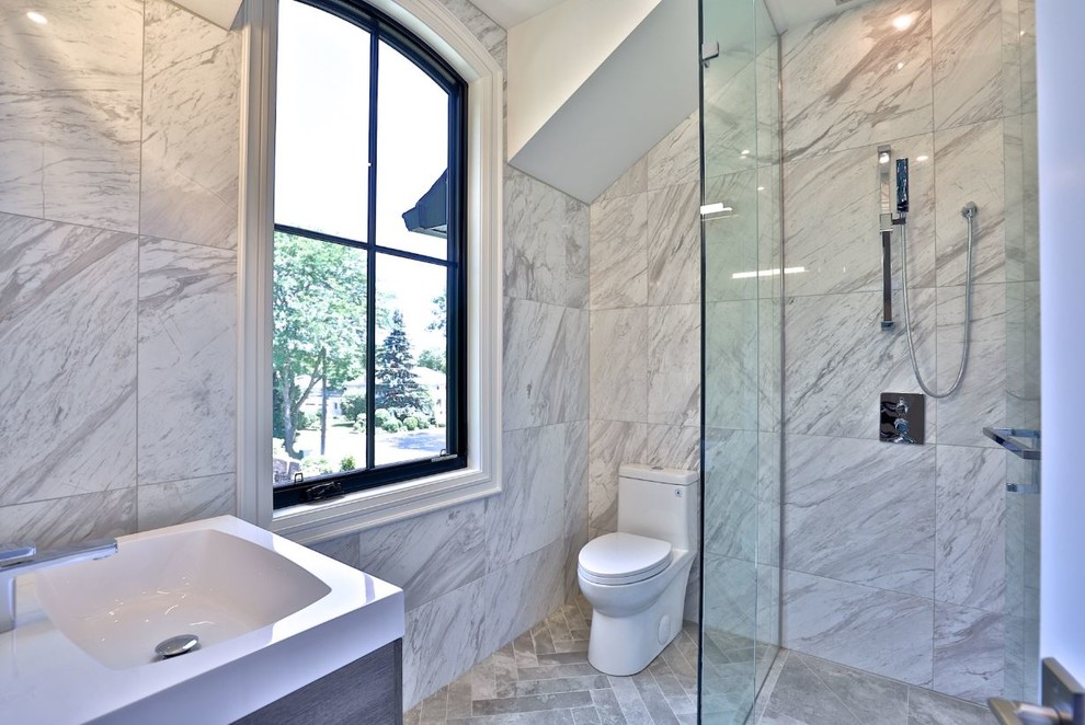 Expansive modern bathroom in Toronto with flat-panel cabinets, white cabinets, a drop-in tub, a curbless shower, white tile, ceramic tile, beige walls, medium hardwood floors, engineered quartz benchtops, beige floor and yellow benchtops.