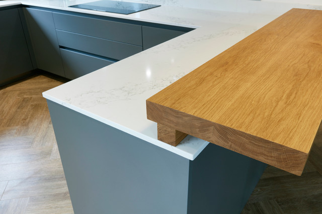 Thin Profile Marble Quartz Counter Chunky Oak Breakfast Bar