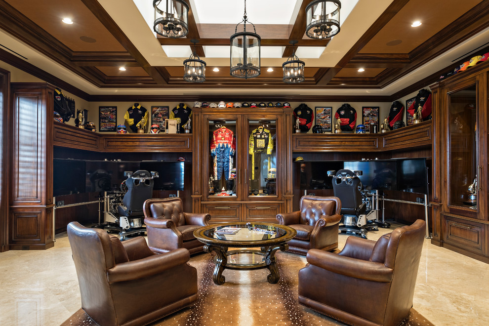 Game room - traditional enclosed beige floor game room idea in Miami with beige walls