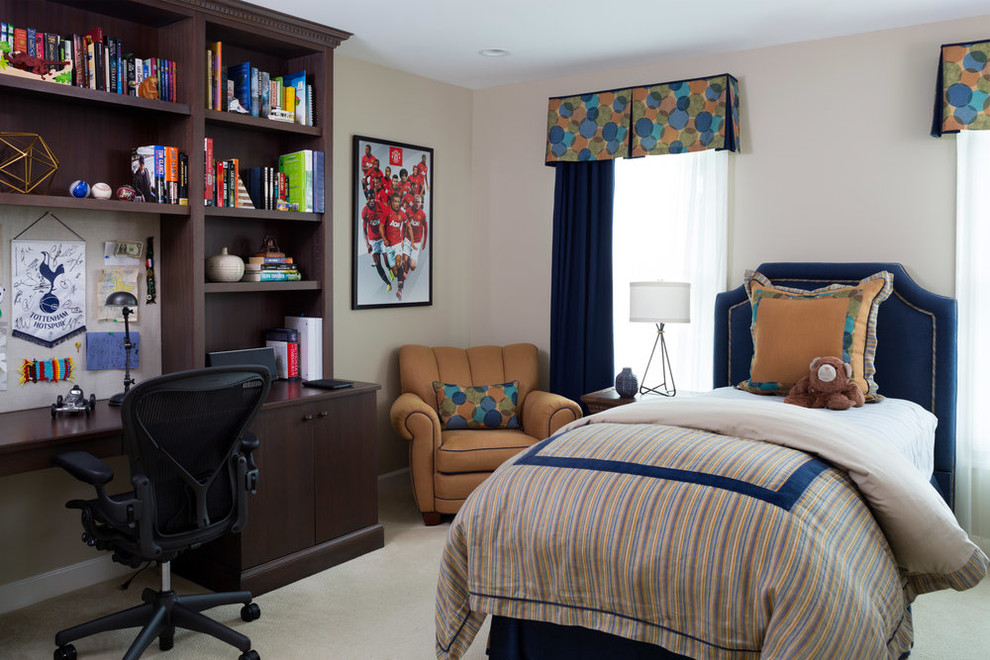 Design ideas for a mid-sized transitional bedroom in DC Metro with beige walls and carpet.