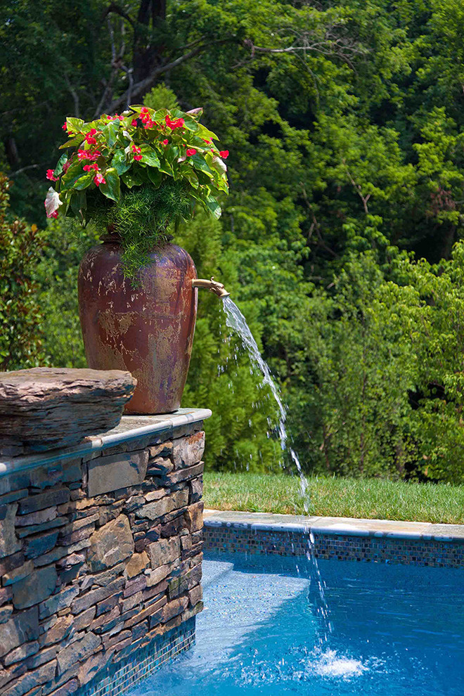 Example of a mid-sized transitional backyard stone and rectangular lap pool house design in Baltimore