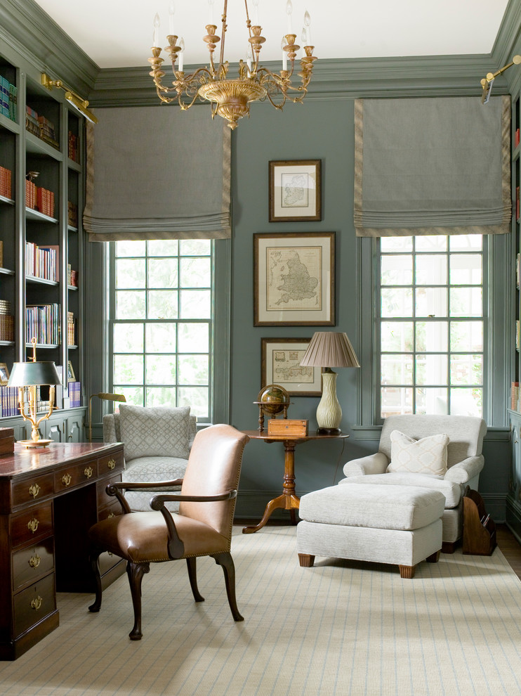 Mid-sized elegant freestanding desk study room photo in Atlanta with green walls