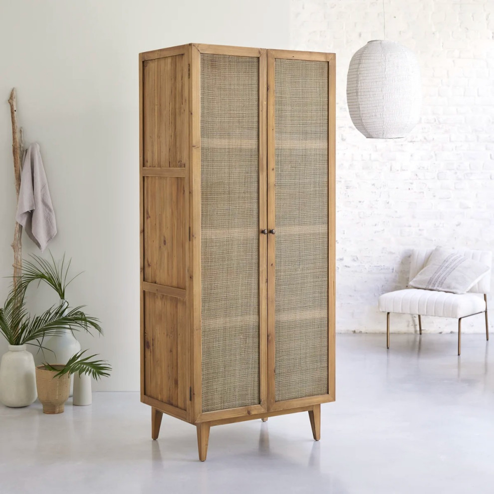 Pine & Rattan Wardrobe Tikamoon Ninon Tropical Armoires