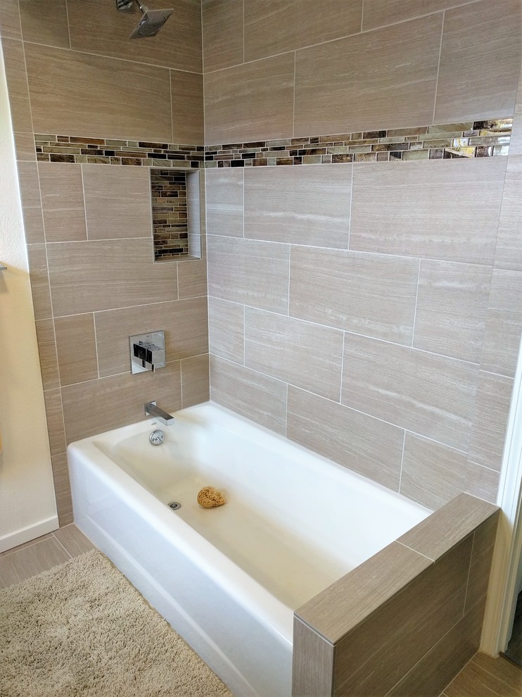Mid-sized contemporary 3/4 bathroom in Hawaii with flat-panel cabinets, dark wood cabinets, an alcove tub, an alcove shower, a one-piece toilet, beige tile, porcelain tile, white walls, porcelain floors, an undermount sink and engineered quartz benchtops.
