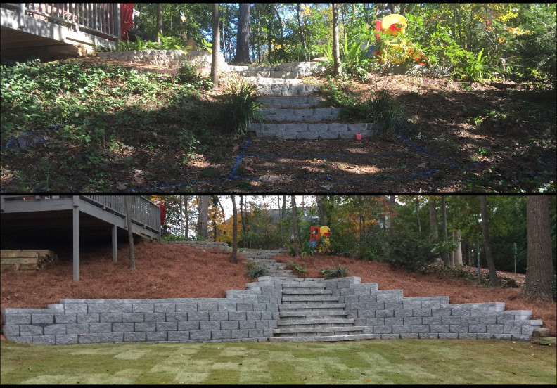 Modular Concrete Block Wall with Steps, Pressure Treated Timber Walls, Sod