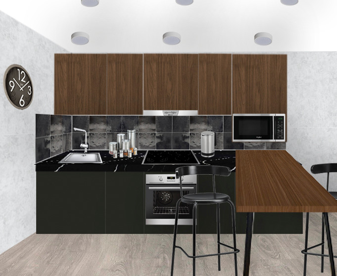 This is an example of a small industrial single-wall kitchen in Moscow with a single-bowl sink, flat-panel cabinets, quartz benchtops, black splashback, ceramic splashback, stainless steel appliances, laminate floors, no island, beige floor and black benchtop.