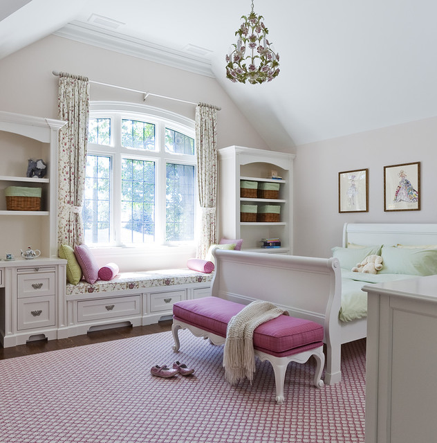 jill greaves design girl's bedroom with window seat - traditional