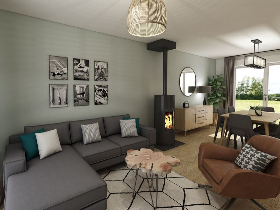 Пример оригинального дизайна: открытая гостиная комната среднего размера в скандинавском стиле с светлым паркетным полом, отдельно стоящим телевизором, белыми стенами, печью-буржуйкой и бежевым полом