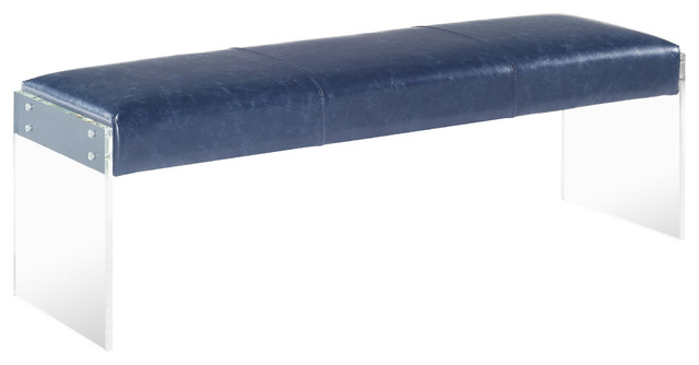 Envy Antique Blue Leather Acrylic Bench Contemporary