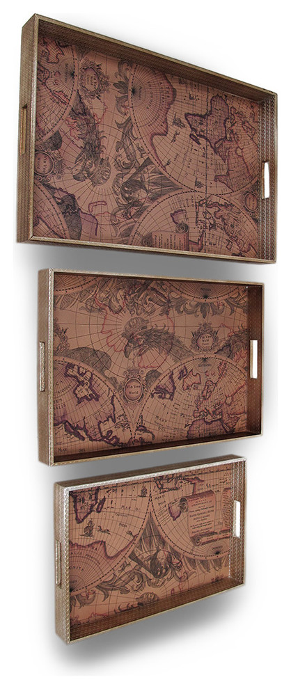 Old World Navigational Map Leather Lined Trays, 3-Piece Set