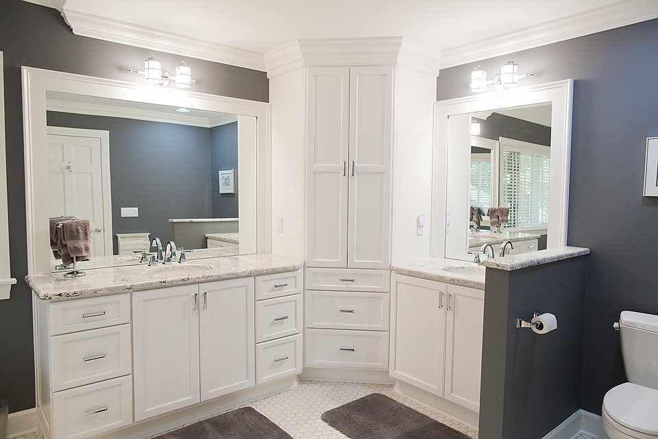 Inspiration for a large contemporary master bathroom in Boston with shaker cabinets, white cabinets, a freestanding tub, an open shower, a one-piece toilet, white tile, subway tile, grey walls, mosaic tile floors, an undermount sink and granite benchtops.