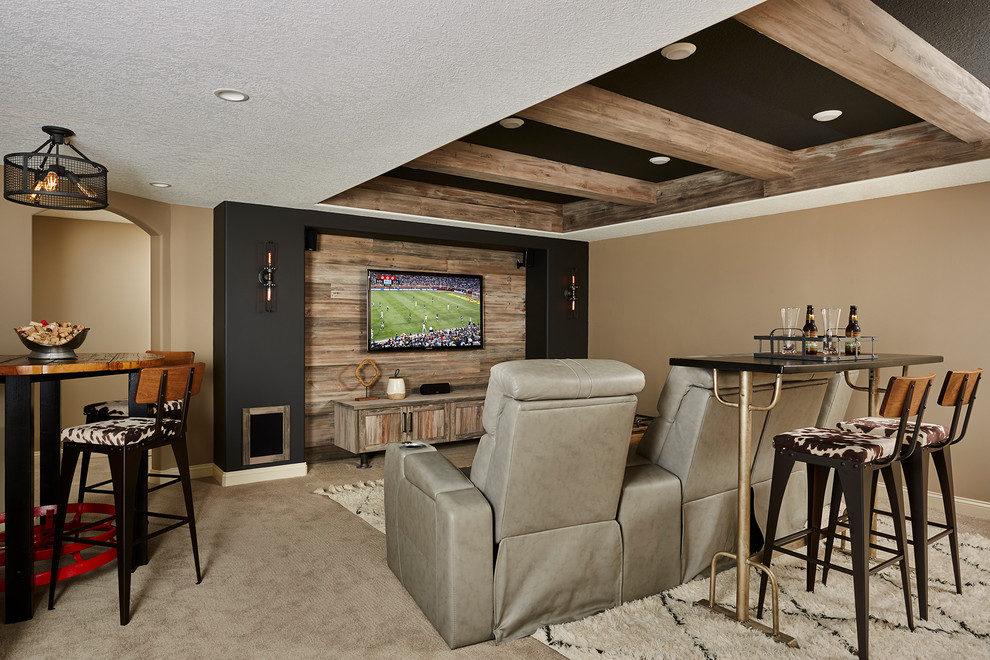 Inspiration for a mid-sized transitional home theatre in Minneapolis with beige walls, carpet and beige floor.