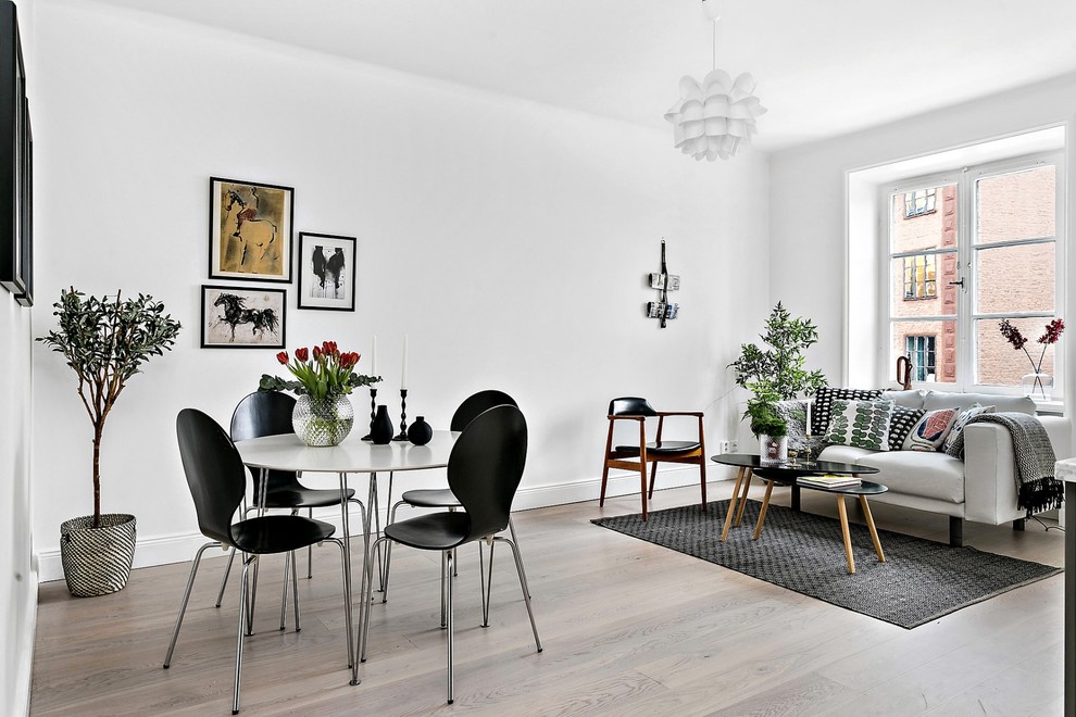 Photo of a large scandinavian open concept living room in Stockholm with white walls, light hardwood floors and no tv.