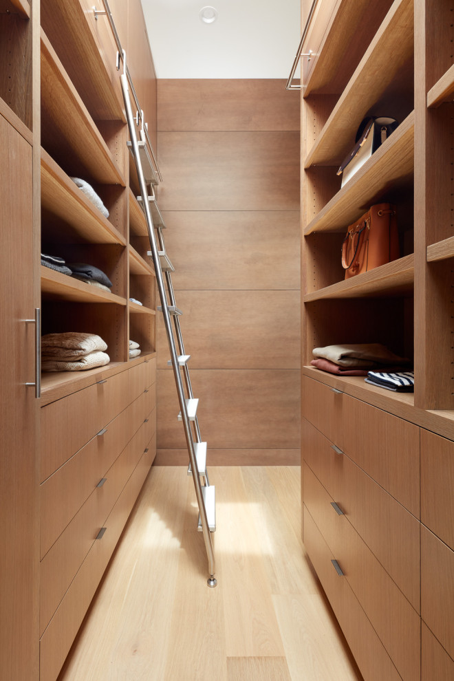 Design ideas for a large modern gender-neutral walk-in wardrobe in San Francisco with flat-panel cabinets.