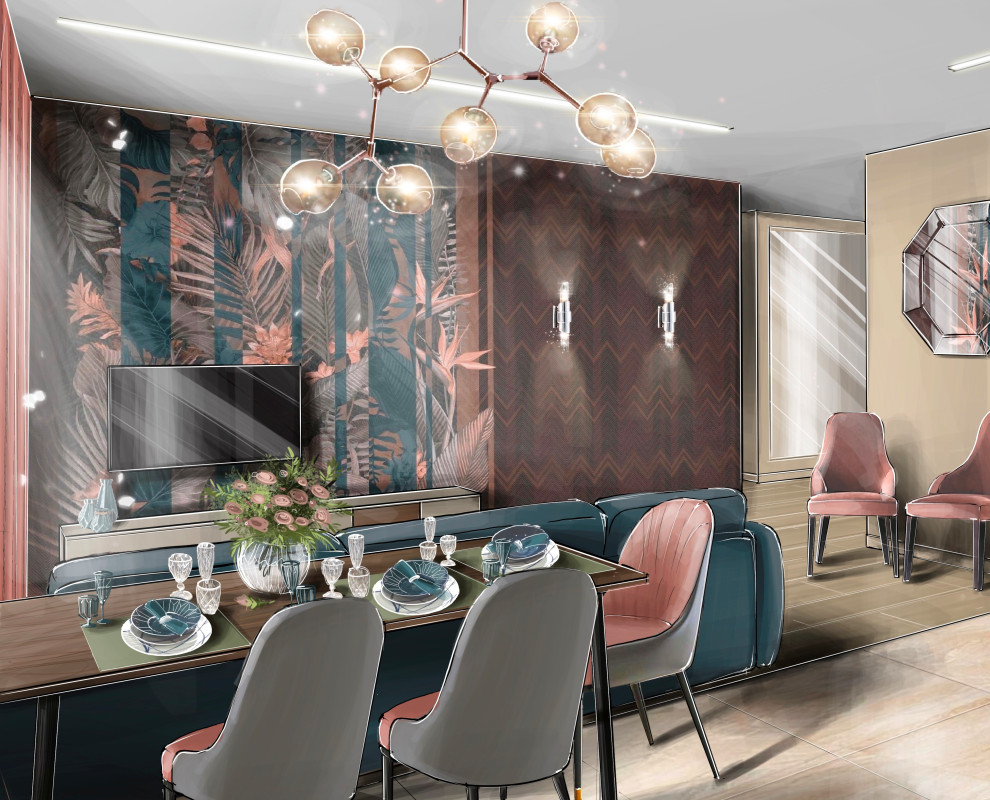 Гостиная-кухня с синим диваном