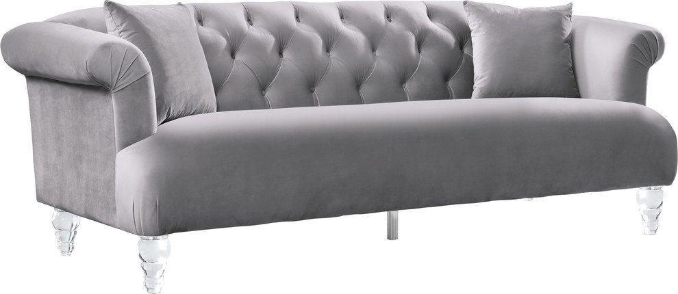 Armen Living Elegance Contemporary Sofa in Grey Velvet with Acrylic Legs