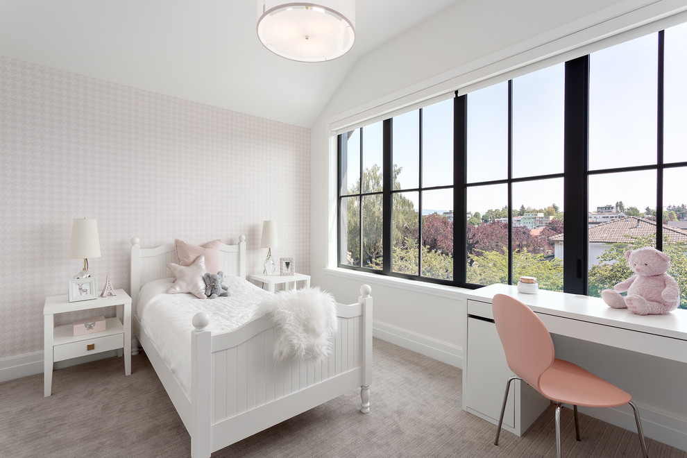 Design ideas for a mid-sized transitional kids' bedroom for kids 4-10 years old and girls in Vancouver with pink walls, carpet and grey floor.