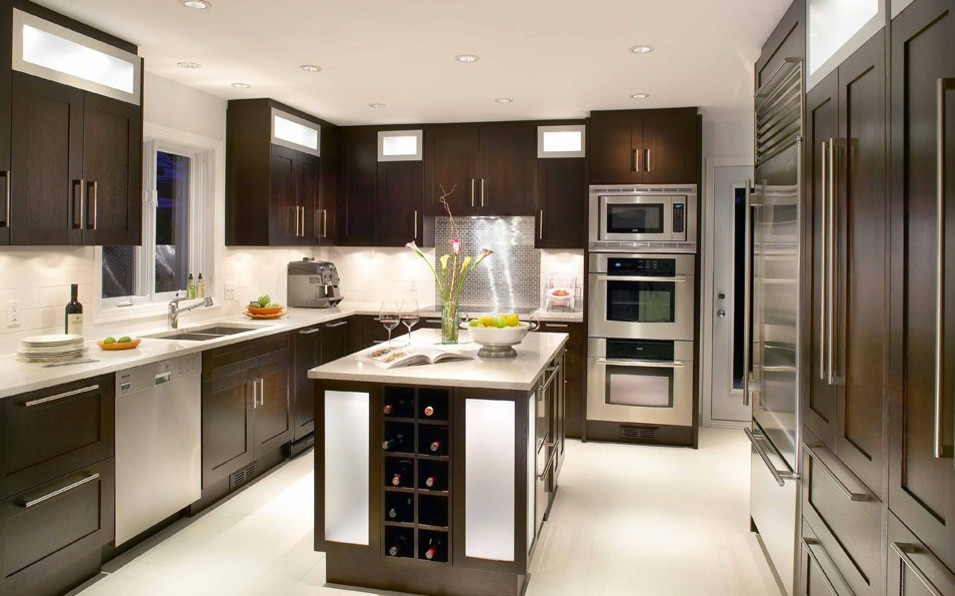 Mid-sized modern u-shaped separate kitchen in Montreal with a double-bowl sink, shaker cabinets, dark wood cabinets, quartzite benchtops, white splashback, subway tile splashback, stainless steel appliances, porcelain floors, with island and white floor.