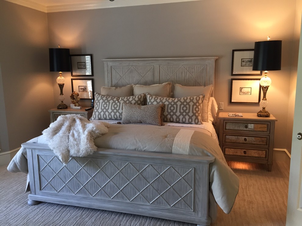 This is an example of a mid-sized transitional master bedroom in Dallas with grey walls, carpet and grey floor.