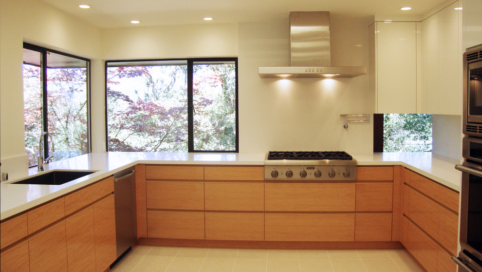 Mid-sized modern u-shaped eat-in kitchen in San Francisco with an undermount sink, flat-panel cabinets, white cabinets, quartzite benchtops, white splashback, stainless steel appliances, porcelain floors and a peninsula.