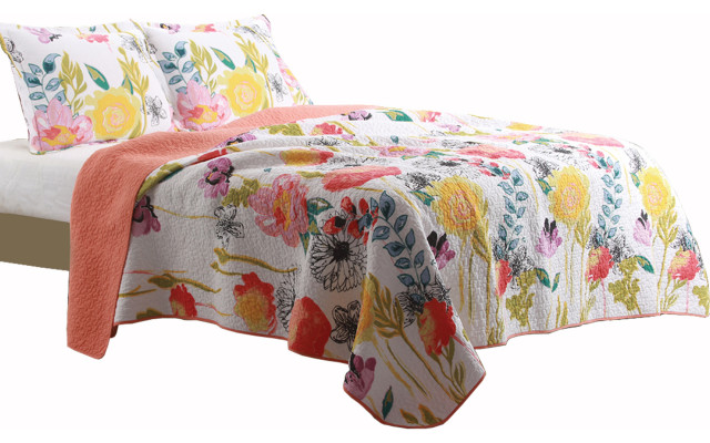 Benzara BM42364 3 Piece Cotton King Size Quilt Set, Flower Print, Multicolor