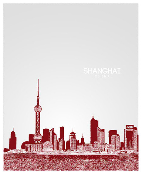 Painting Illustration Cityscape Shanghai China Traffic Street Bus Framed Print