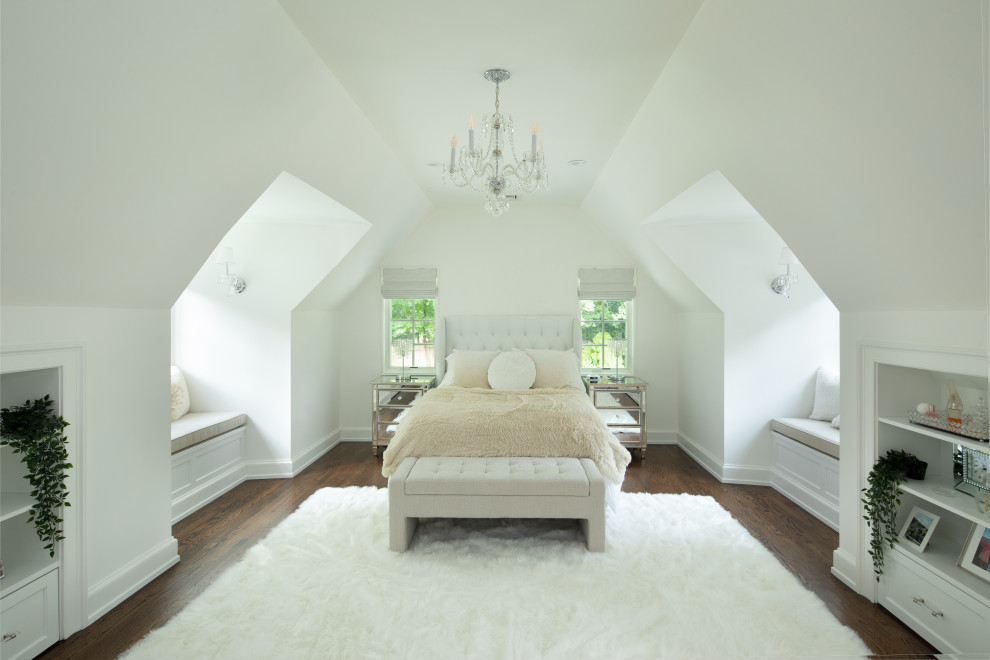 Teen Girl Bedroom - Bedroom and large minimalist girl medium tone wood floor, brown floor and vaulted ceiling kids' bedroom photo in New York with white walls