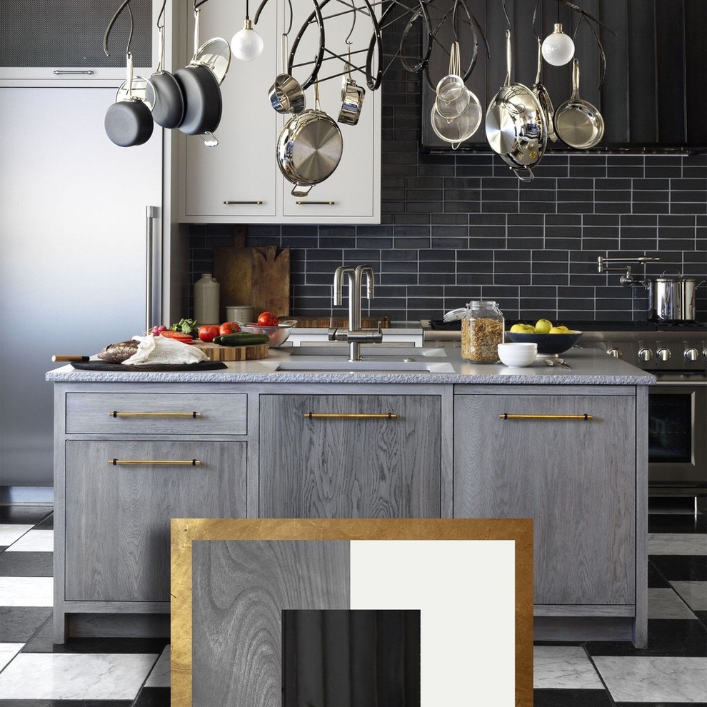 Inspiration for a mid-sized modern l-shaped eat-in kitchen in Dallas with a double-bowl sink, flat-panel cabinets, grey cabinets, granite benchtops, black splashback, ceramic splashback, stainless steel appliances, cement tiles, with island, multi-coloured floor and grey benchtop.