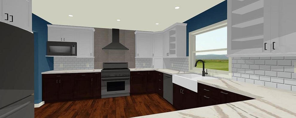 Design ideas for a mid-sized contemporary u-shaped eat-in kitchen in New York with a farmhouse sink, shaker cabinets, dark wood cabinets, quartz benchtops, white splashback, glass tile splashback, stainless steel appliances, dark hardwood floors and a peninsula.