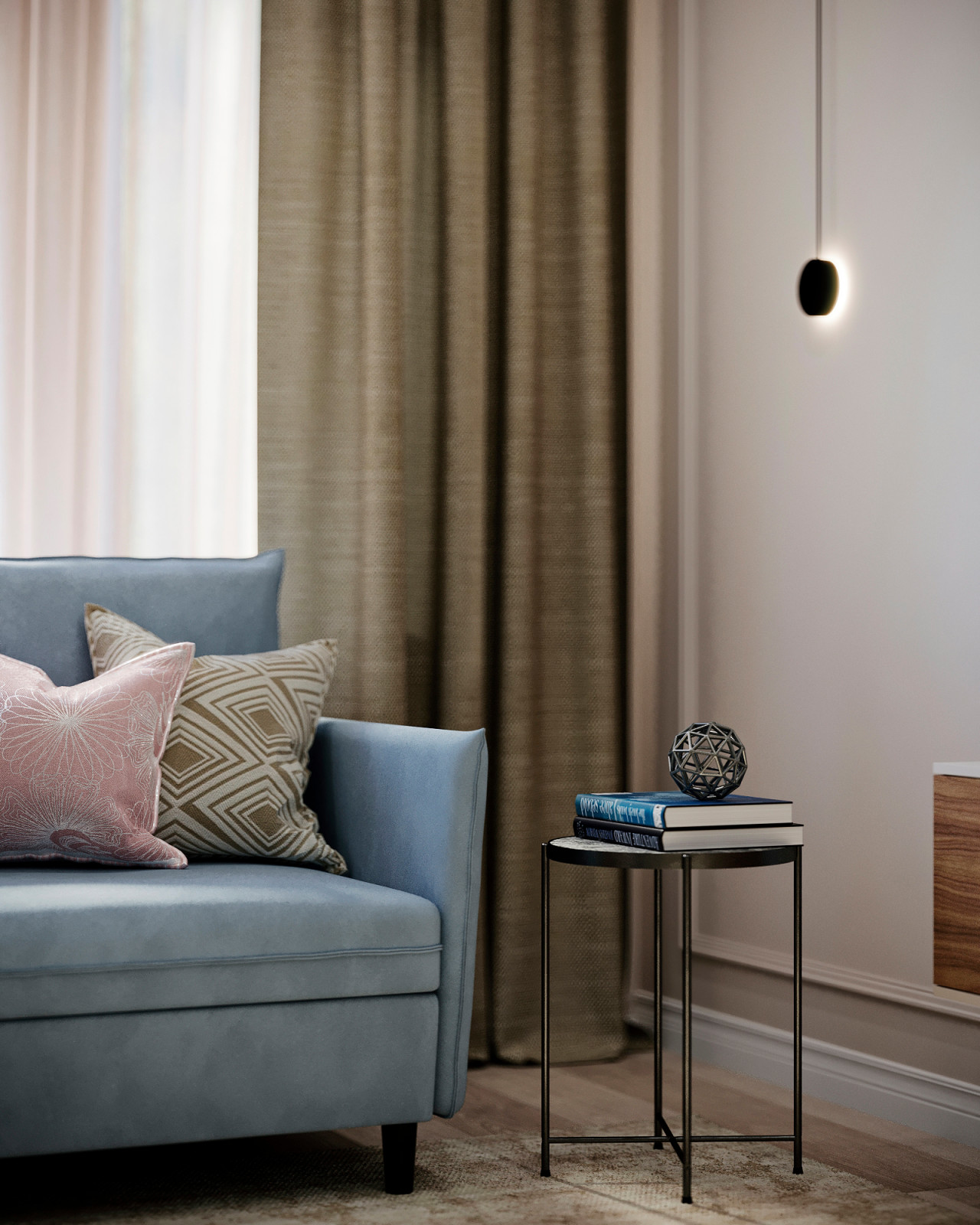 Визуализация гостиной с зоной кухни в московской квартире