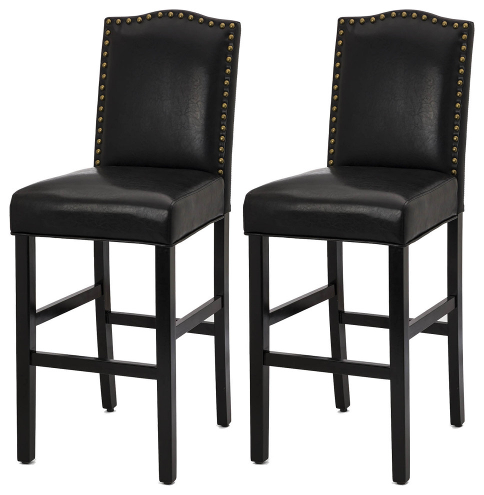 45" Black Leatherette Barchair With Studded Decoration Back, Set of 2